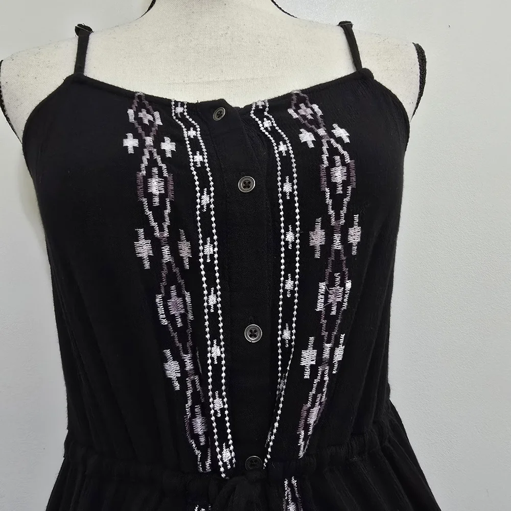 KNOX ROSE size Small Sleeveless Embroidered Tie Waist‎ Button Boho Dress Black
